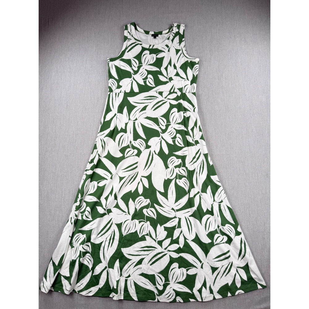 Talbots Green White Botanical Leaf Print Sleeveless Maxi Dress Size L